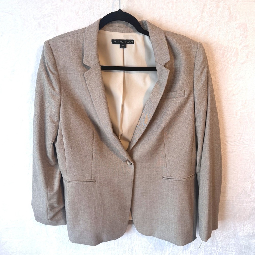 Antonio Melani Womens Tan Linen Blend Single Button Blazer Jacket Size 14 Career